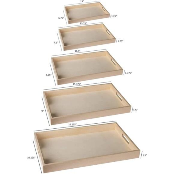 Wood Serving Tray Set 5 Piece Nested Breakfast Trays Kitchen Party Bathroom Use - Picture 3 of 7